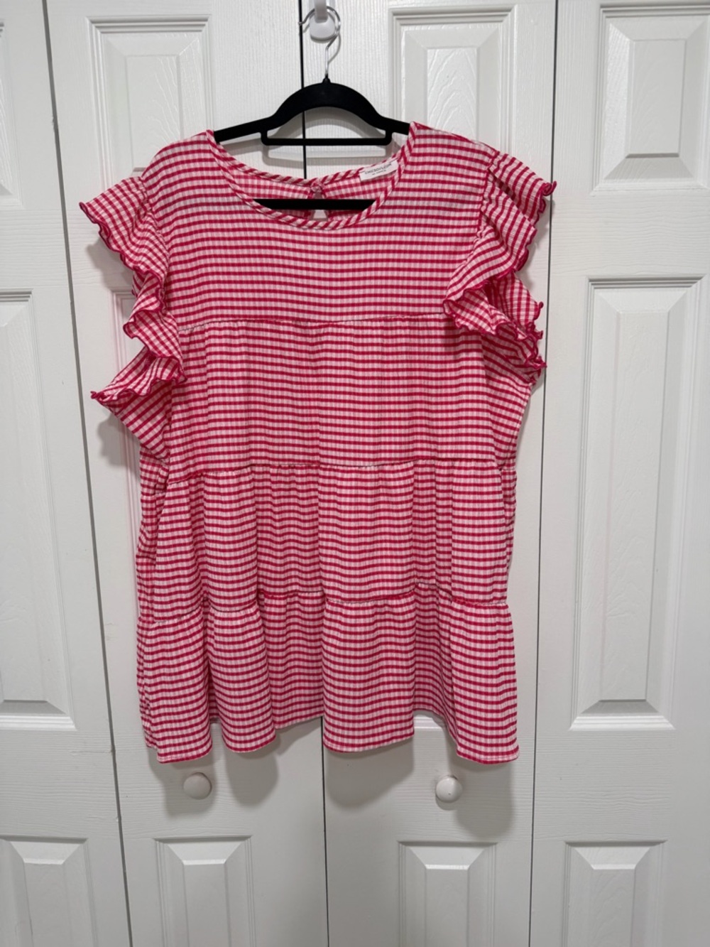 Hot Pink (reddish) and White Gingham Ruffle Sleeve Tunic